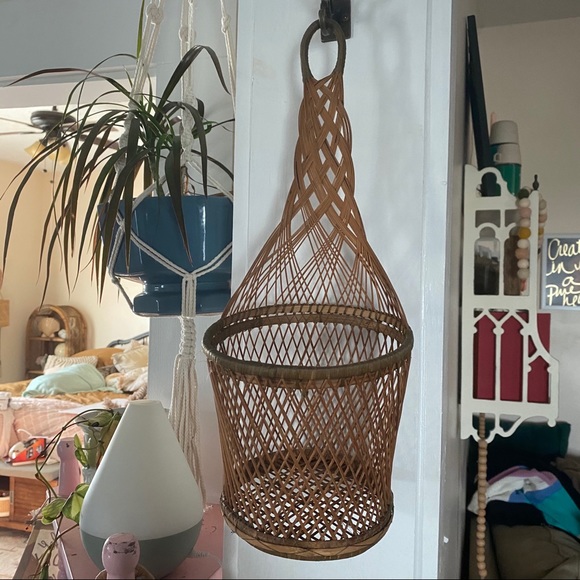 Vintage WICKER rattan HANGING PLANT BASKET